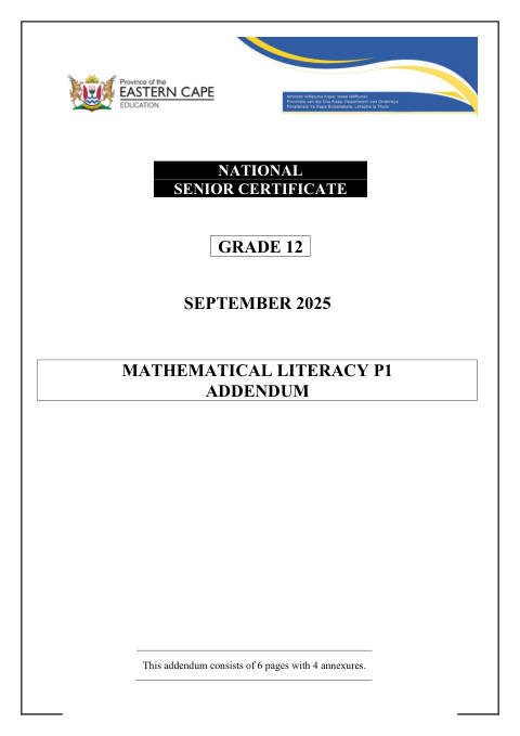 Mathematical Literacy Grade 12 DBE Caps September 2025 Paper 1 - Addendum (Eastern Cape)