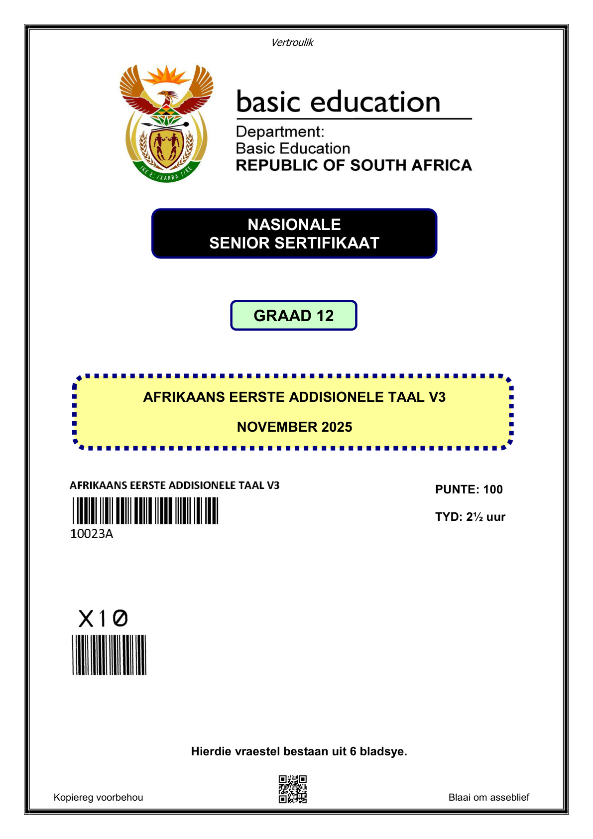 Afrikaans First Additional Language Paper 3 (Gauteng) November 2025 Grade 12 DBE