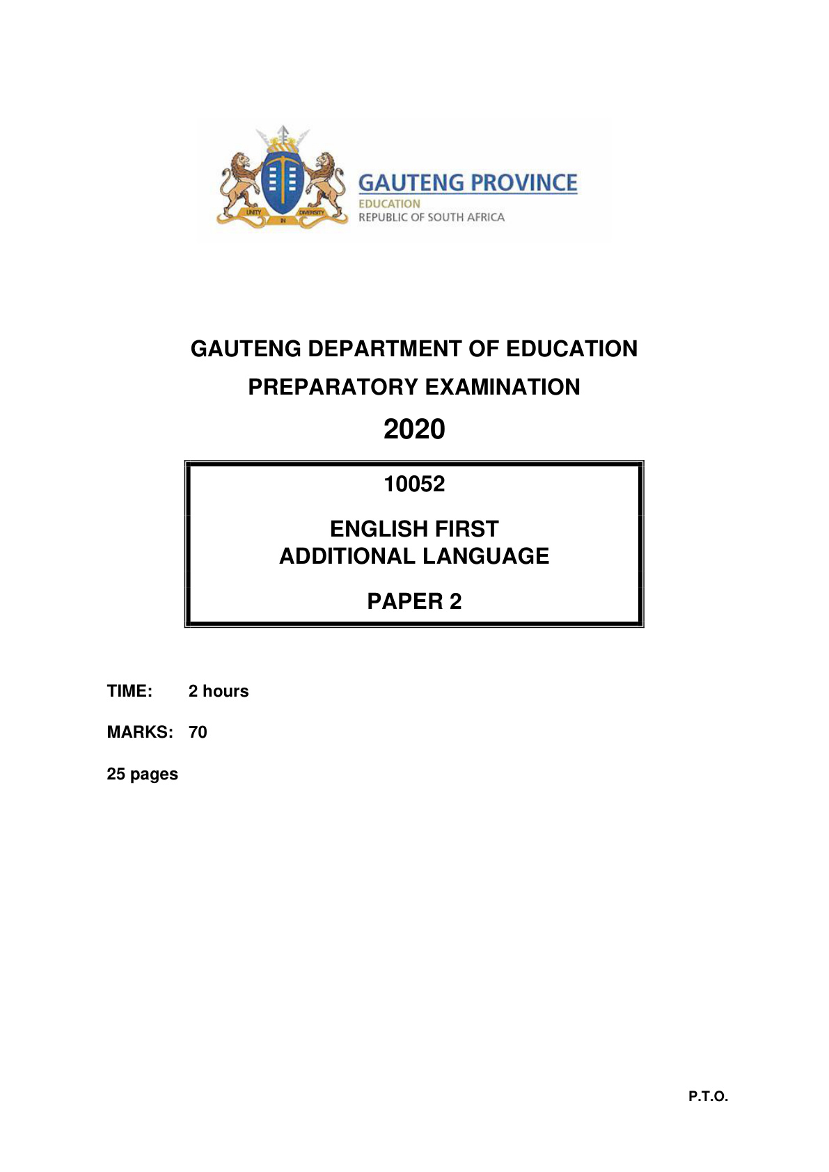 English First Additional Language Paper 2 (Gauteng) Preparatory 2020 Grade 12 DBE