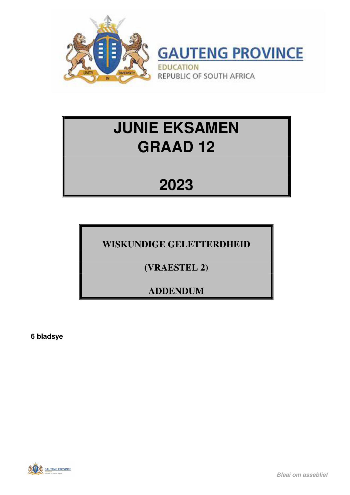 Mathematical Literacy Paper 2 Addendum (Gauteng) June 2023 Grade 12 DBE