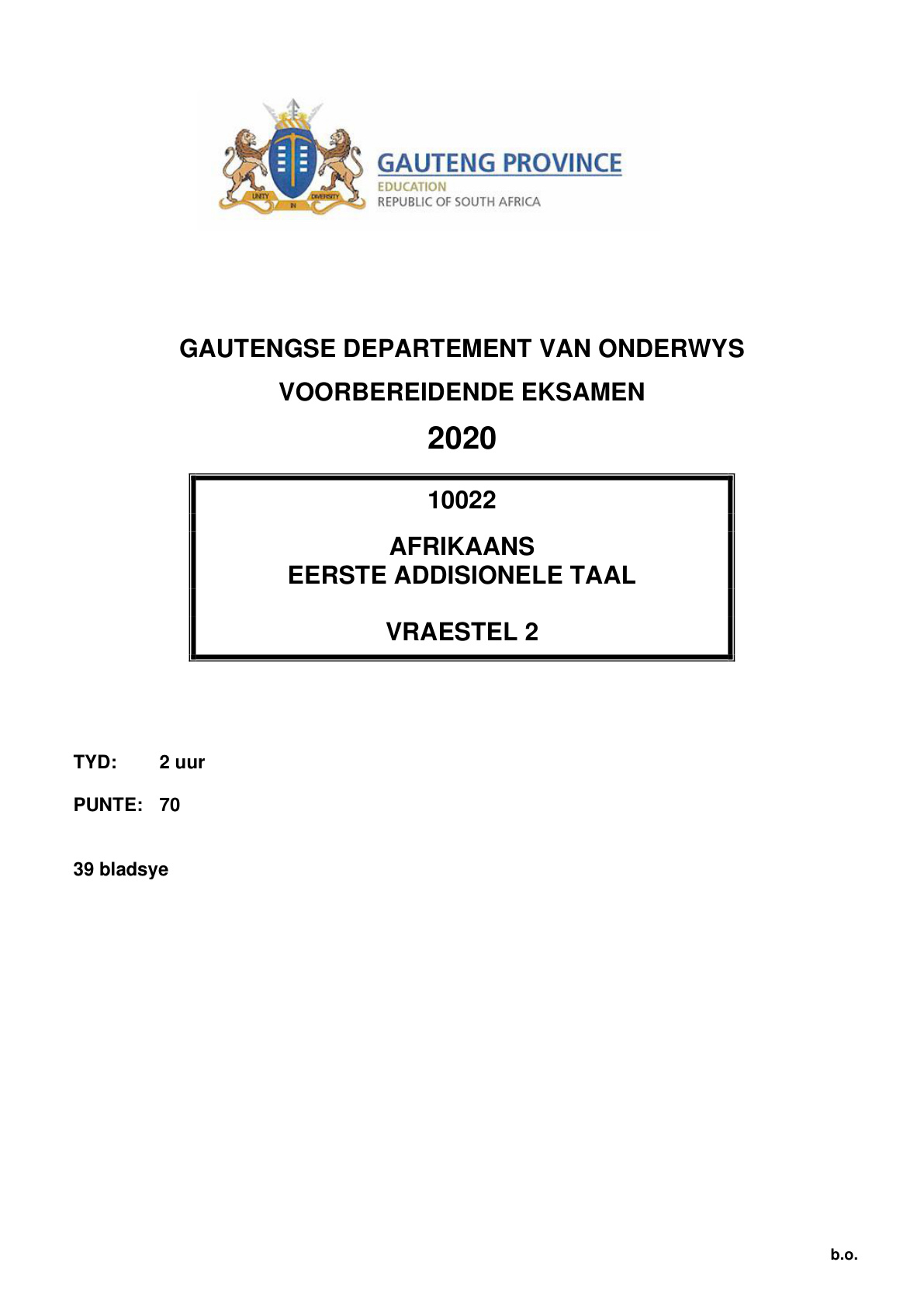 Afrikaans First Additional Language Paper 2 (Gauteng) Preparatory 2020 Grade 12 DBE