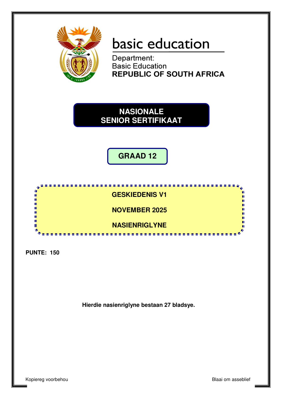 History Grade 12 DBE NSC November 2025 Paper 1 - Memo (Eastern Cape)