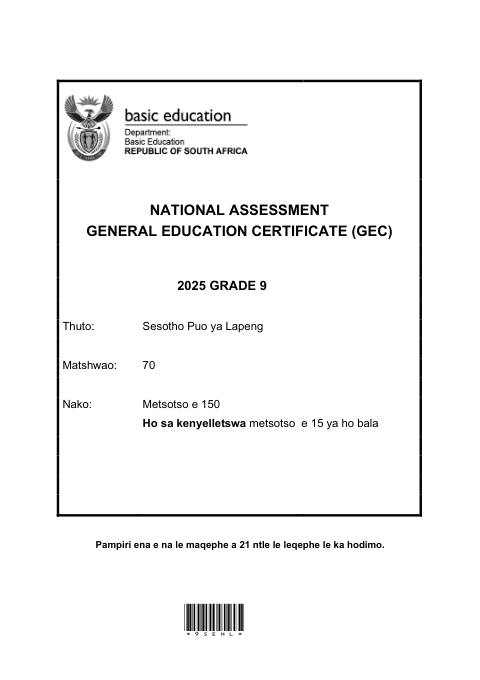 Sesotho Home Language Grade 9 DBE CAPS GEC 2025 - Question Paper (Eastern Cape)