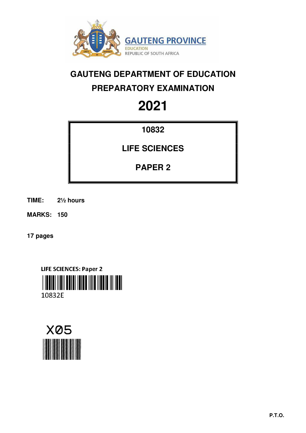 Life Sciences Paper 2 (Gauteng) Preparatory 2021 Grade 12 DBE