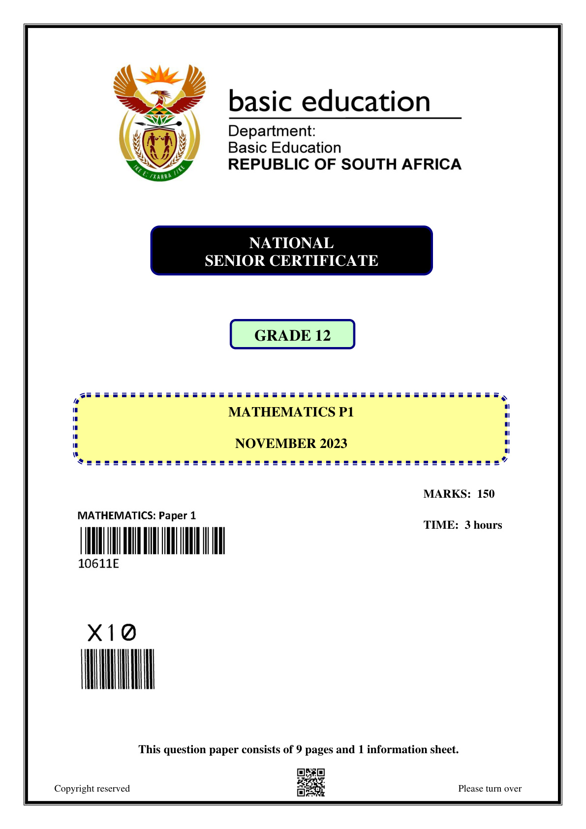 Mathematics Paper 1 (Gauteng) November 2023 Grade 12 DBE