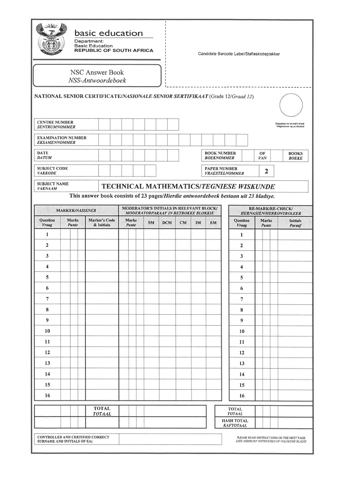 Technical Mathematics Paper 2 Answer Book (Gauteng) November 2021 Grade 12 DBE