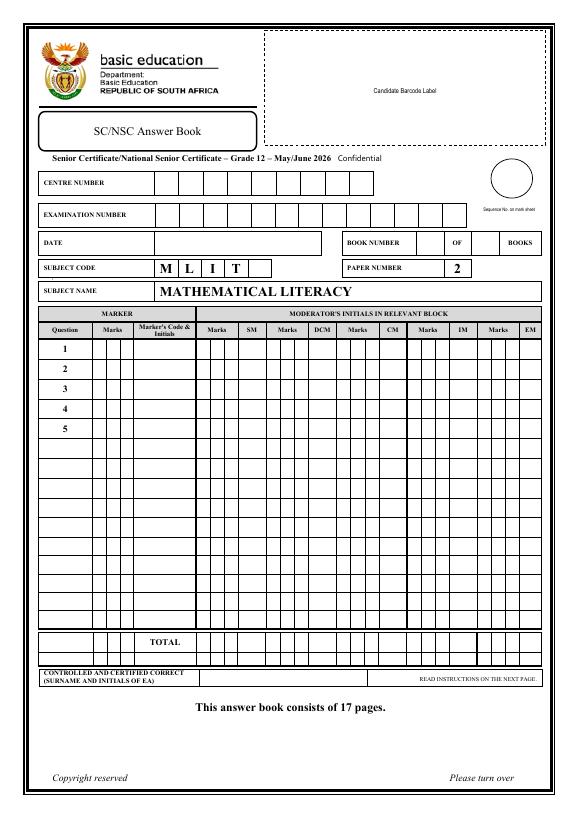 Mathematical Literacy Grade 12 DBE Caps May 2026 Paper 2 - Answer Book
