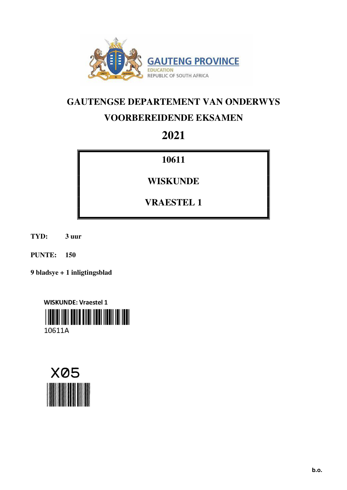 Mathematics Paper 1 (Gauteng) Preparatory 2021 Grade 12 DBE