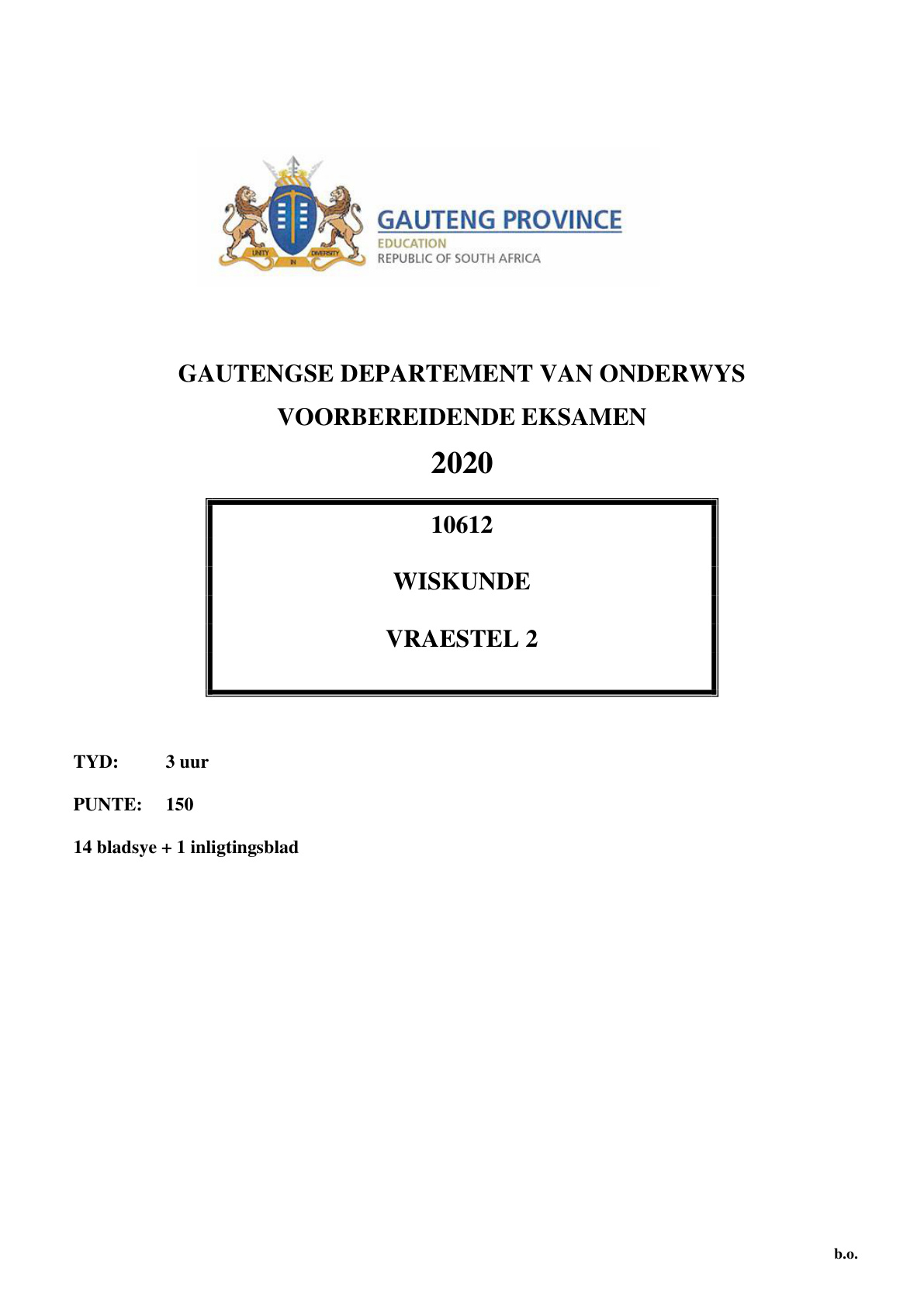 Mathematics Paper 2 (Gauteng) Preparatory 2020 Grade 12 DBE