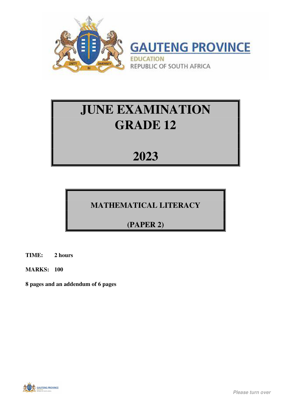 Mathematical Literacy Paper 2 (Gauteng) June 2023 Grade 12 DBE