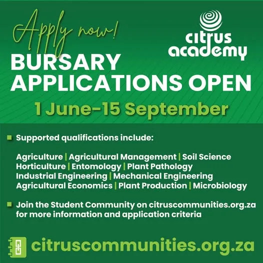Announcement banner: Citrus Academy bursaries now open for applications
