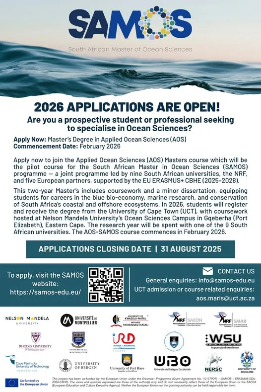 Promotional banner for the South African Master of Ocean Sciences (SAMOS) 2026 applications