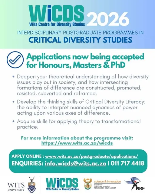 Announcement for Wits Centre for Diversity Studies 2026 postgraduate programmes