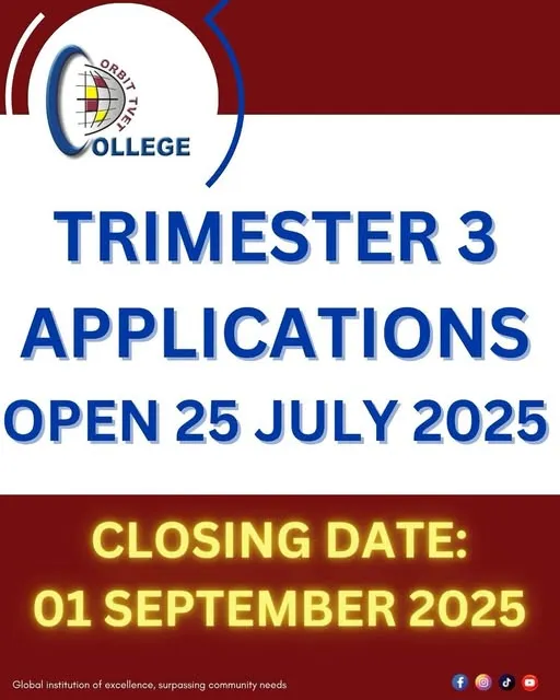 Application announcement banner for Orbit TVET College Trimester 3 opening on 25 July 2025