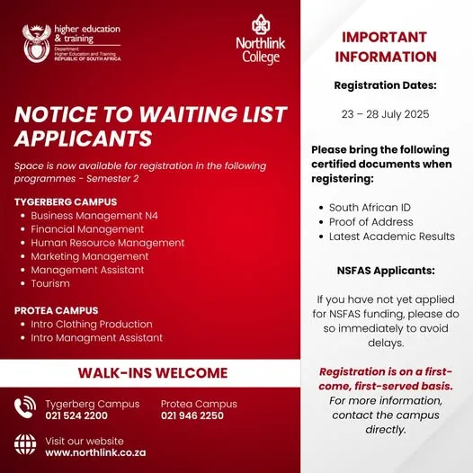 Northlink College registration banner for waiting list applicants for Semester 2 2025