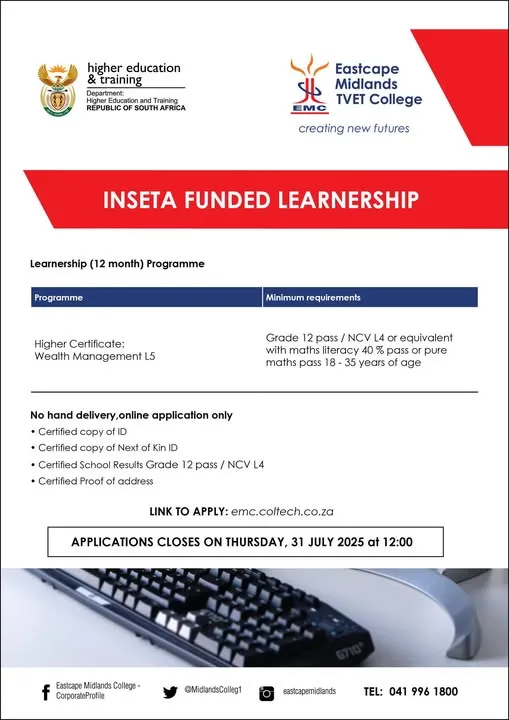 Promotional banner for INSETA-funded Wealth Management Learnership (NQF Level 5) at Eastcape Midlands TVET College
