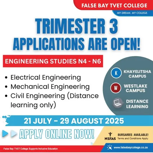 False Bay TVET College Trimester 3 applications 2025 announcement graphic