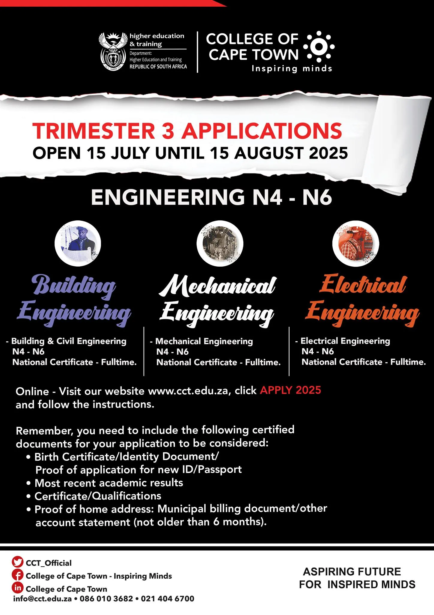 Banner announcing 2025 Engineering Trimester 3 applications open at the College of Cape Town