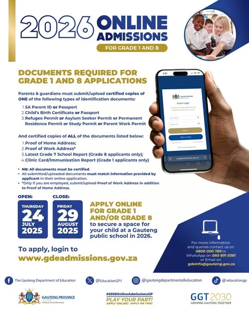 Announcement that 2026 online admissions are now open for Grade 1 and Grade 8 in Gauteng