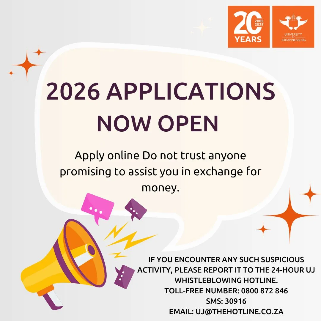 University of Johannesburg announcement graphic stating 2026 applications are now open