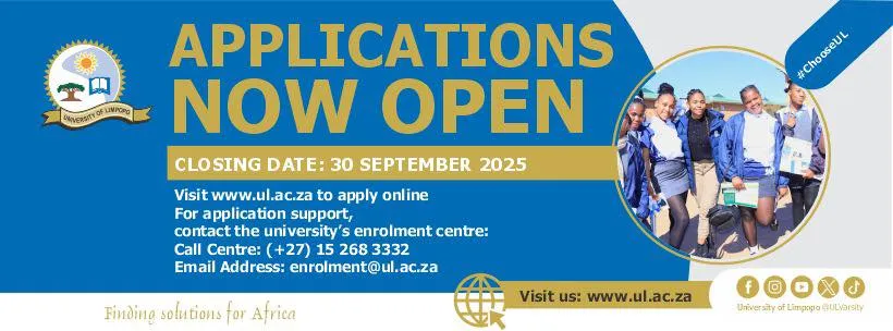 Announcement graphic for University of Limpopo 2026 applications now open