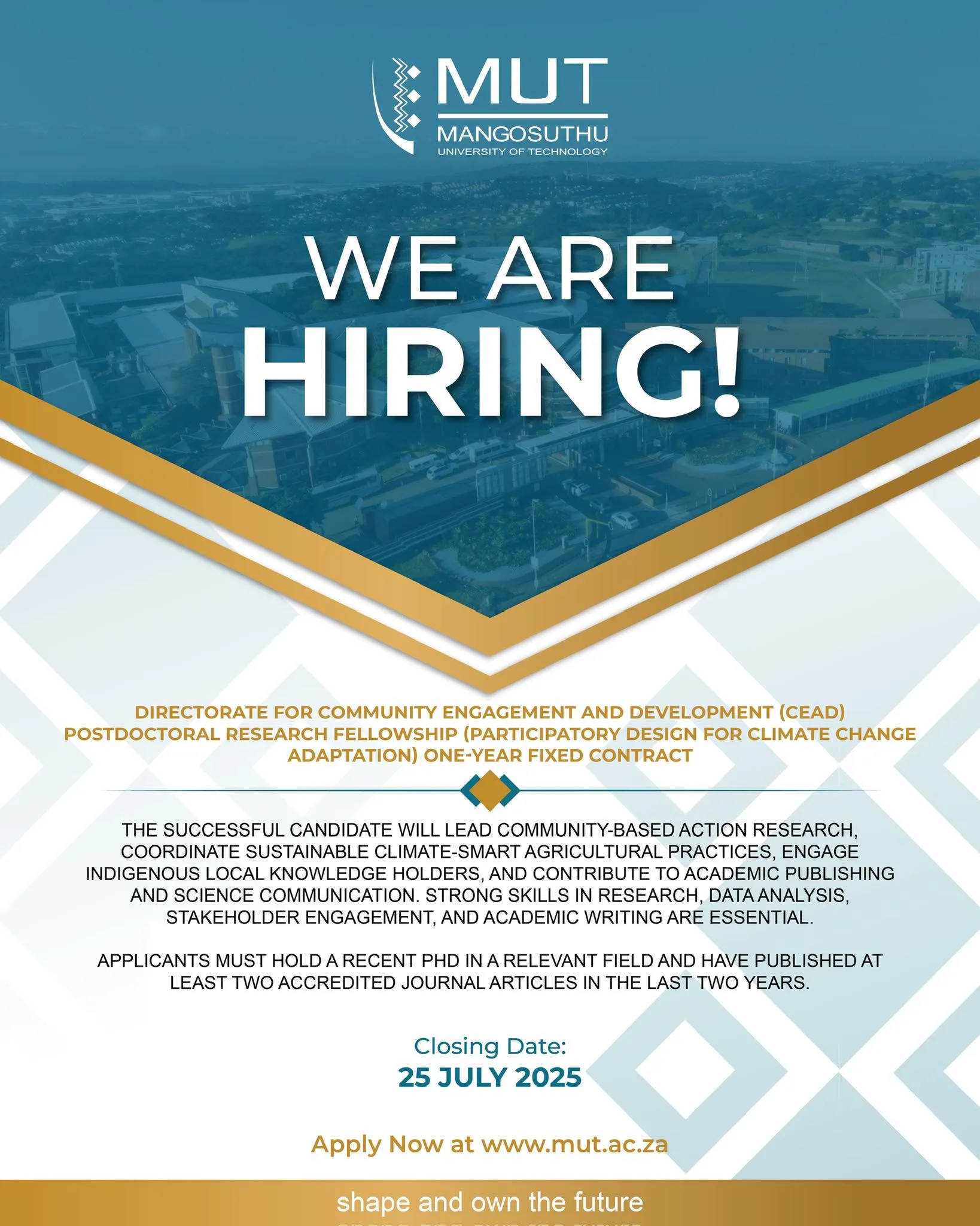 Announcement for Mangosuthu University of Technology postdoctoral research fellowship in climate adaptation