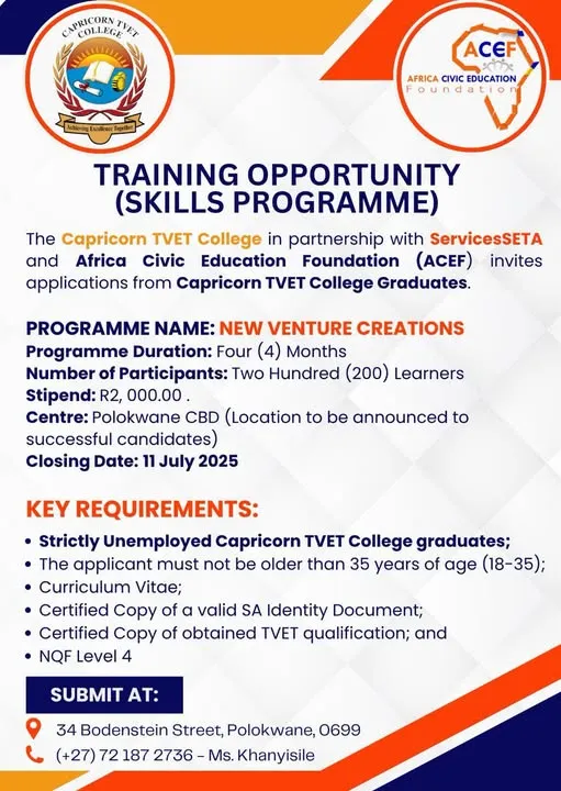 Banner announcing the New Venture Creations Skills Programme open to Capricorn TVET College graduates