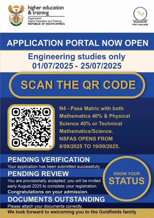Application Portal Announcement for Engineering Studies at Goldfields TVET College
