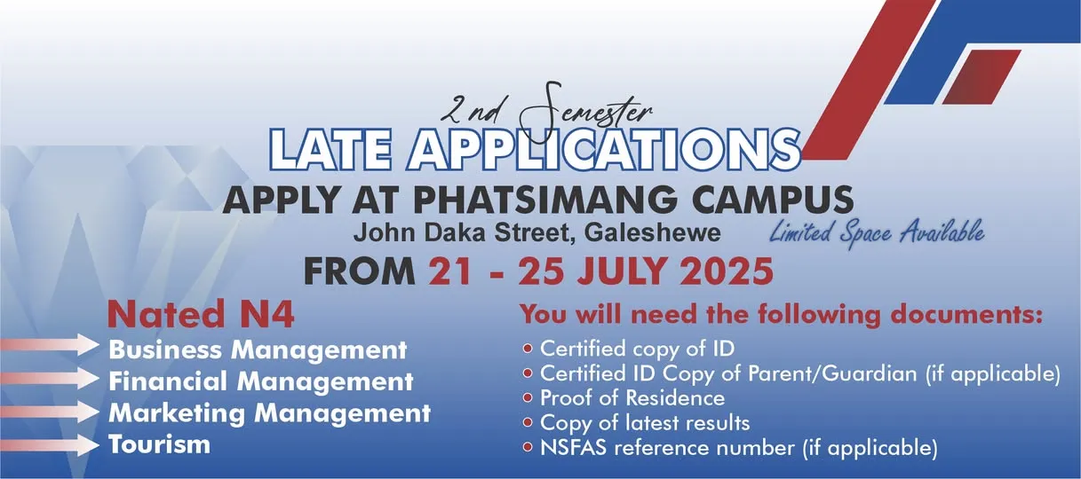 Announcement banner showing late applications now open for 2nd Semester 2025 at Phatsimang Campus in Galeshewe