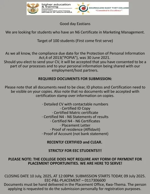 Placement notice for EEC students with N6 Certificate in Marketing Management
