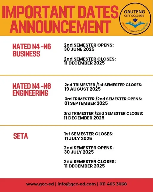Gauteng City College important dates announcement for the 2025 academic calendar