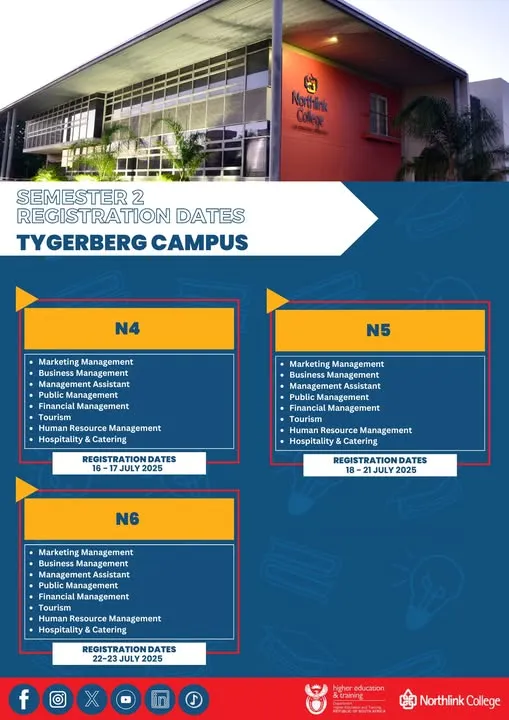 Northlink College Tygerberg Campus Semester 2 registration dates 2025 announcement
