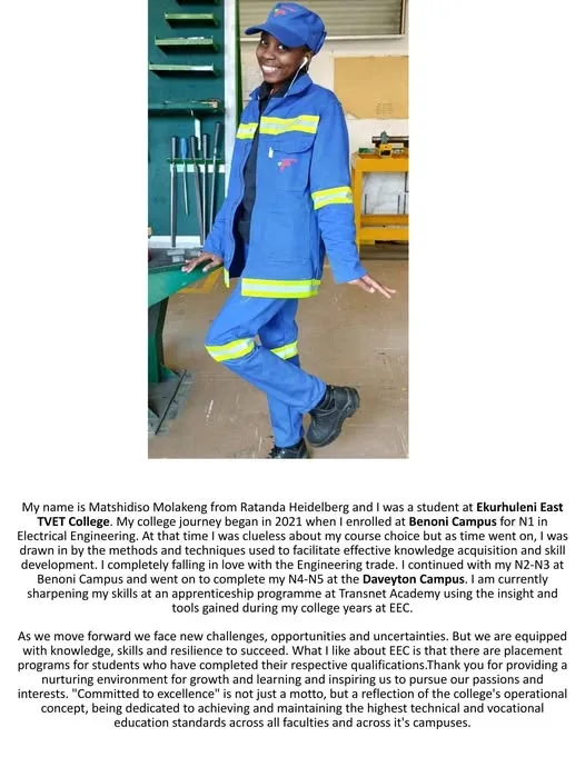 Portrait of Matshidiso Molakeng, a student at Ekurhuleni East TVET College