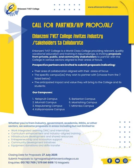 Banner announcing a call for collaboration at Ehlanzeni TVET College inviting partnership proposals