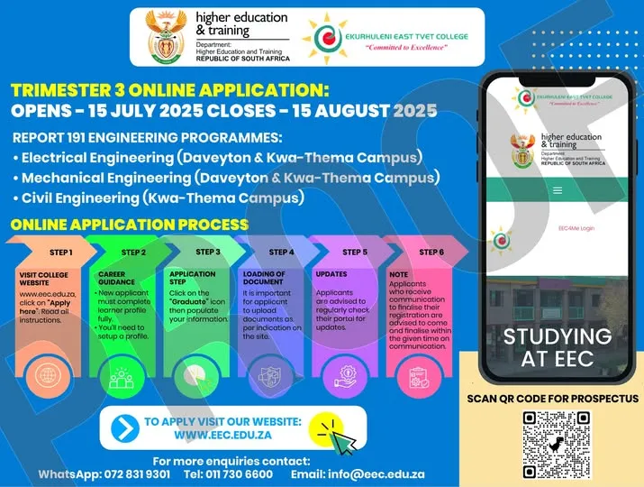 Banner announcing Trimester 3 online applications open at Ekurhuleni East TVET College for 2025