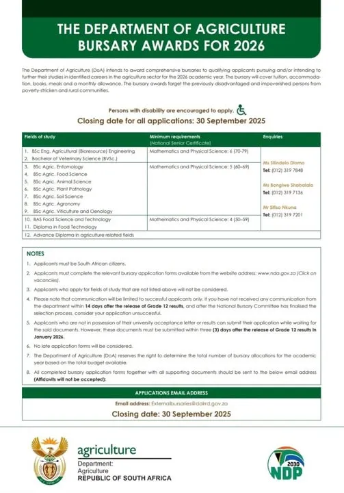 Banner announcing the Department of Agriculture's 2026 bursary awards