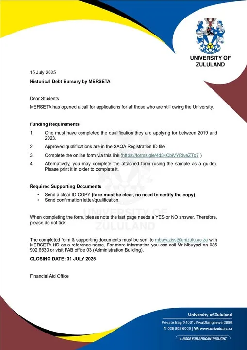 Banner announcing that MERSETA Historical Debt Bursary applications are now open through the University of Zululand Financial Aid Office