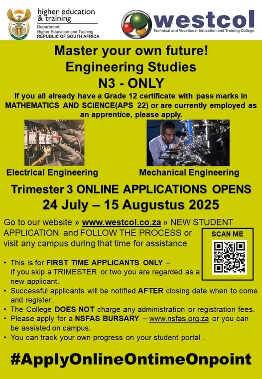 Westcol announcement: Trimester 3 Engineering Studies (N3) applications now open with application dates