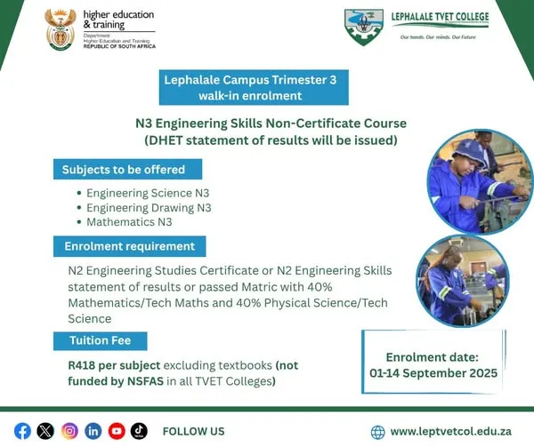 Lephalale TVET College Trimester 3 walk-in enrolment notice for N3 Engineering Skills at Lephalale Campus