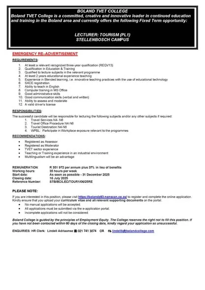 Job vacancy poster for Tourism Lecturer (PL1) at Boland TVET College's Stellenbosch Campus, emergency re-advertisement