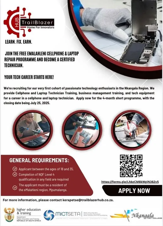 Promotional banner for free cellphone and laptop repair training opportunity for youth in eMalahleni