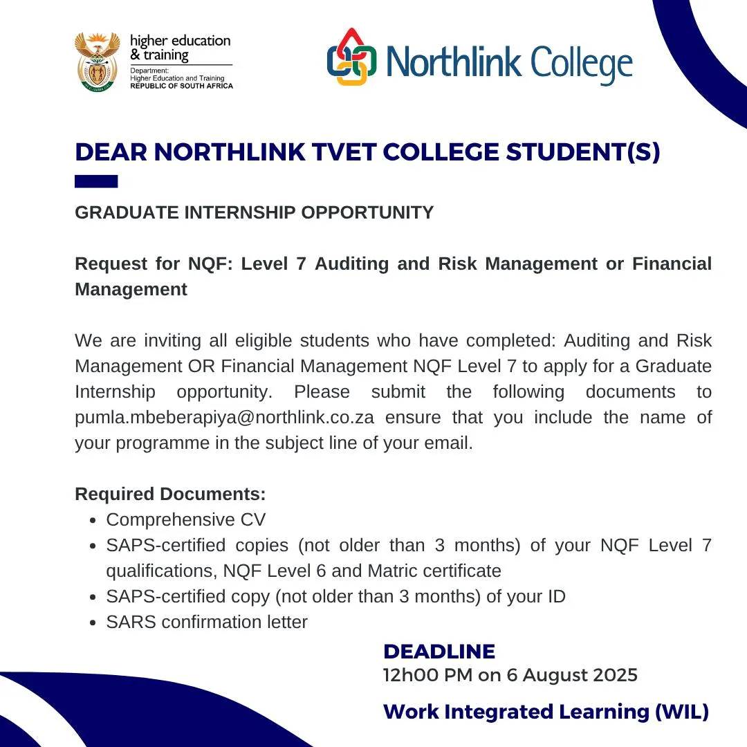 Northlink College graduate internship opportunity for NQF Level 7 graduates in Auditing, Risk or Financial Management