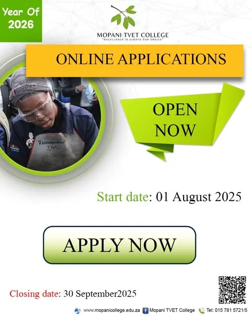 Banner announcing Mopani TVET College 2026 online applications now open