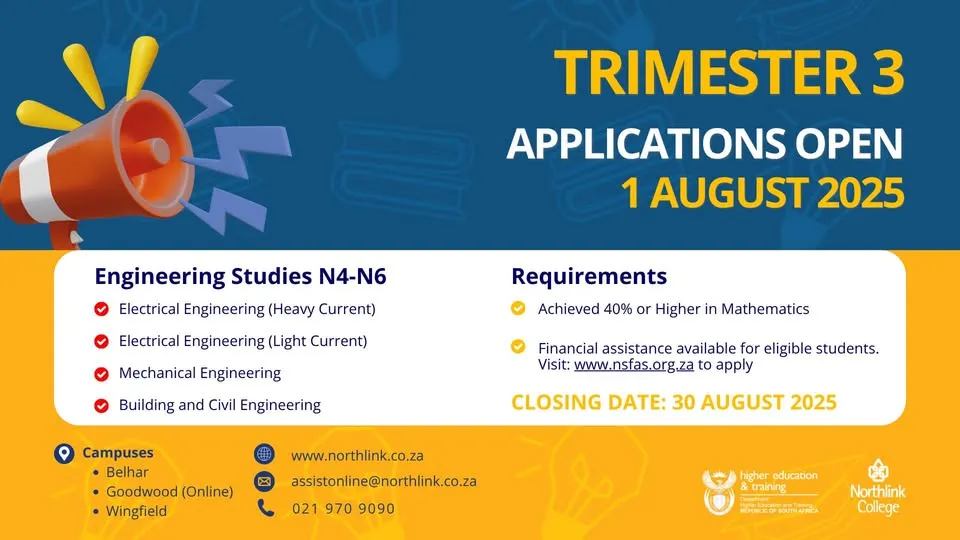 Banner announcing Northlink College Trimester 3 applications open with dates 01 August 2025 to 30 August 2025