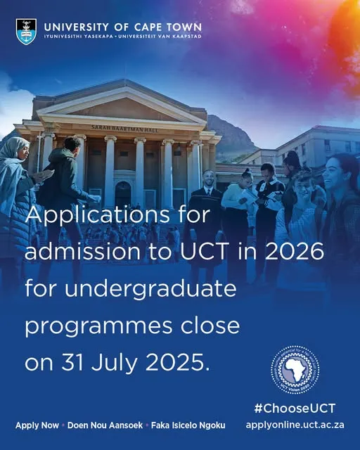 University of Cape Town sign indicating undergraduate applications for 2026 are closed as of 31 July 2025