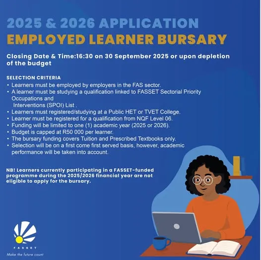 Banner announcing FASSET Employed Learner Bursary applications for 2025 and 2026