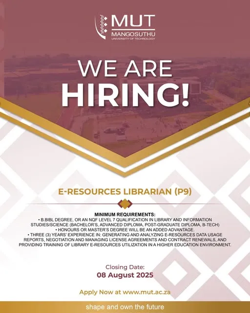 Vacancy notice for E-Resources Librarian (P9) at Mangosuthu University of Technology