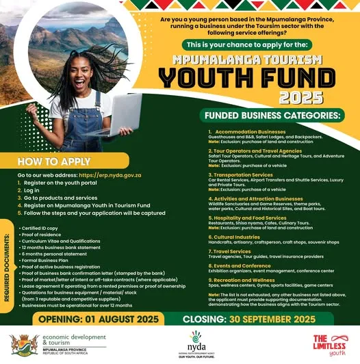 Poster announcing the Call for Applications for the Mpumalanga Tourism Youth Fund 2025
