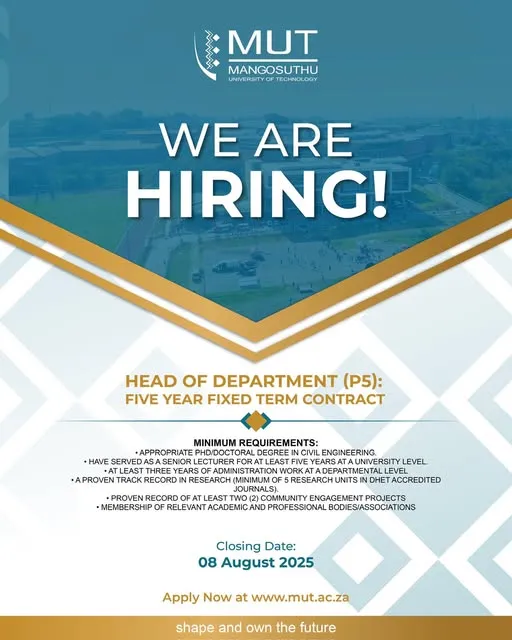 Application notice for Head of Department in Civil Engineering at Mangosuthu University of Technology (MUT)