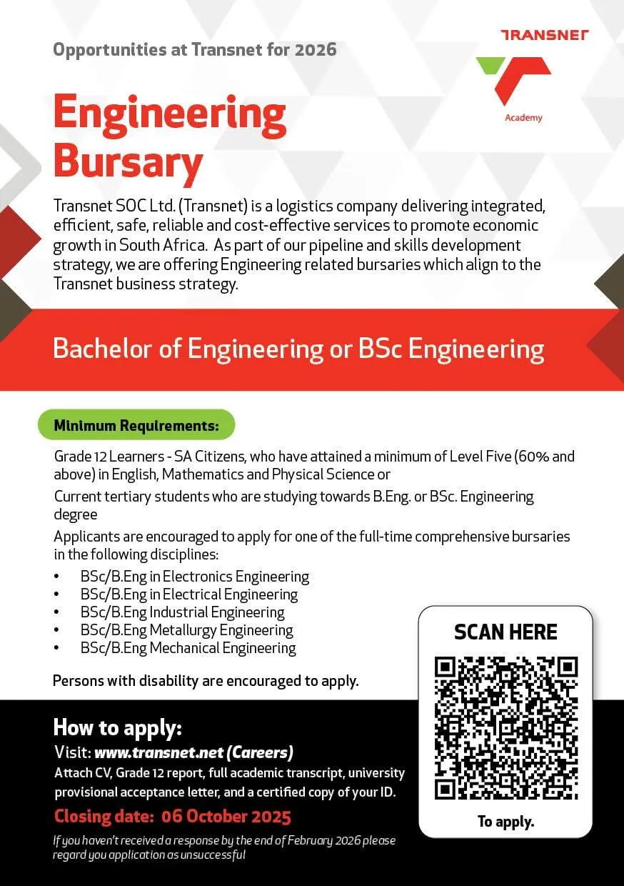 Promotional banner for Transnet Engineering Bursaries 2026